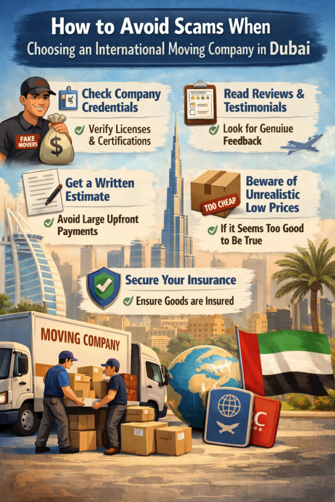 Infographic on how to avoid scams when choosing an international moving company in Dubai, UAE, featuring Burj Khalifa skyline and tips like checking company credentials, reading reviews, getting written estimates, avoiding unrealistic low prices, and ensuring insurance coverage.