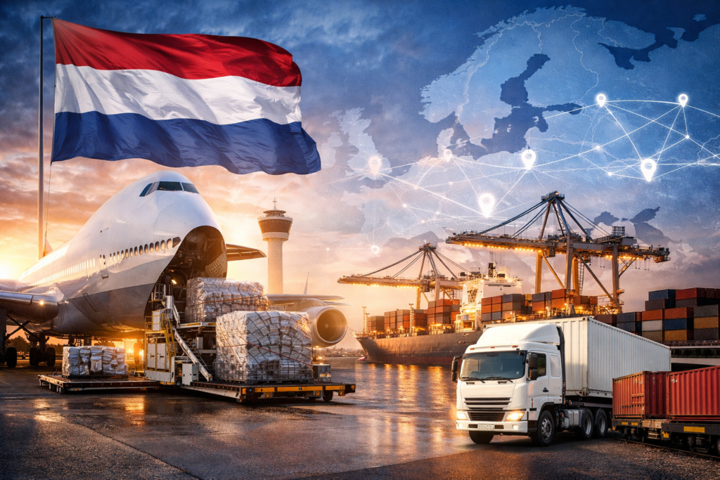 Air cargo plane being loaded with freight near a shipping port with container cranes and a logistics truck, representing air freight and logistics operations in the Netherlands connecting European supply chains.
